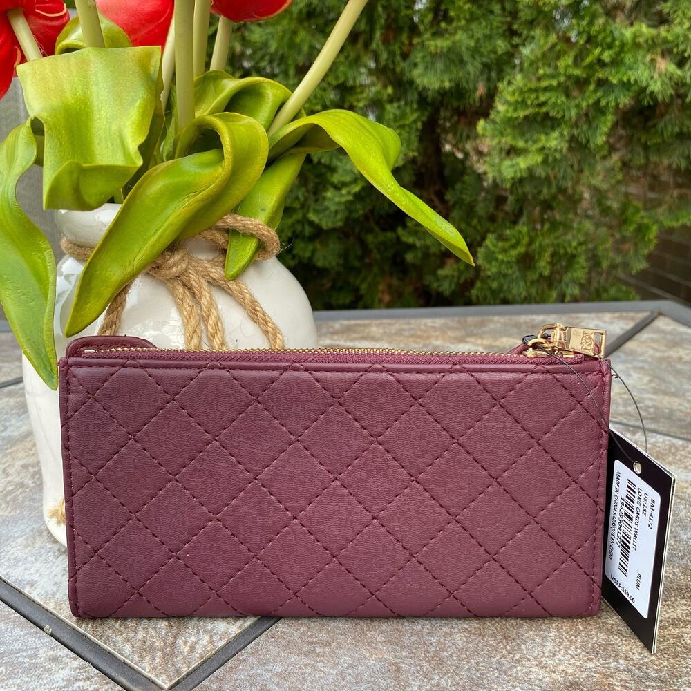 Badgley Mischka Plum Quilted Long Wallet Vegan Leather New - Picture 3 of 7